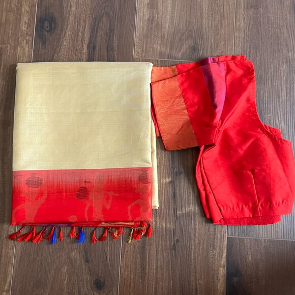 Butter yellow Red Cotton Silk Saree with Tribal Motif diwali pastel haldi - Picture 7 of 17